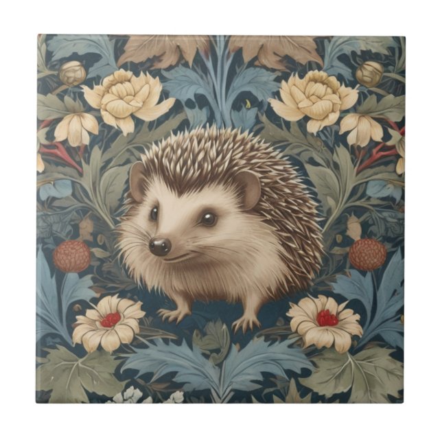 William Morris style Hedgehog Traditional Flowers Ceramic Tile (Front)