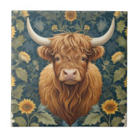 William Morris style Highland Cow Yellow Sunflower