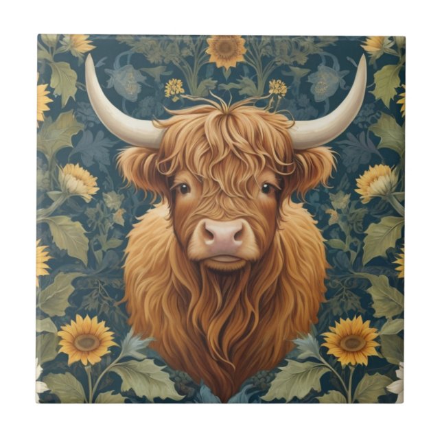 William Morris style Highland Cow Yellow Sunflower Ceramic Tile (Front)