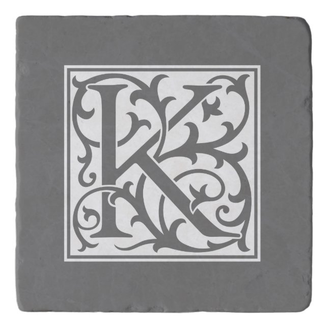 William Morris style initial letter K white Trivet (Front)