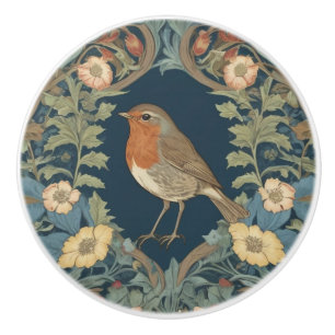 William Morris style L Robin Redbreast Bird Ceramic Knob