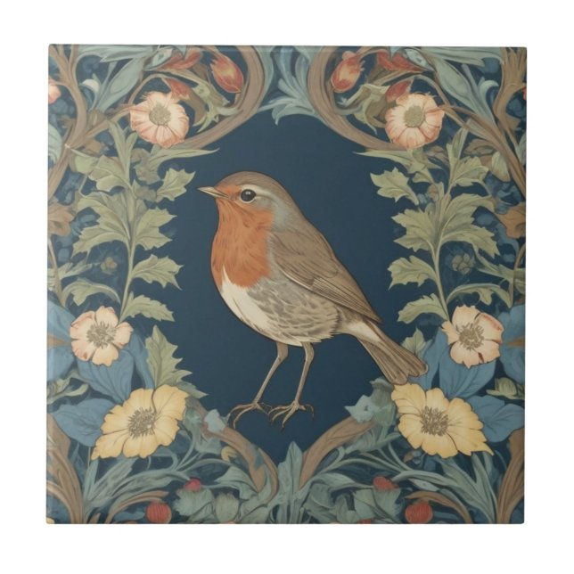 William Morris style L Robin Redbreast Bird Ceramic Tile (Front)