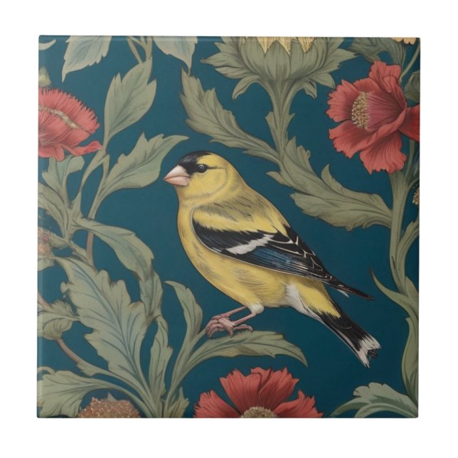 William Morris style Left American Goldfinch Bird Ceramic Tile (Front)