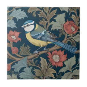 William Morris style Left facing Bird Blue Tit  Ceramic Tile