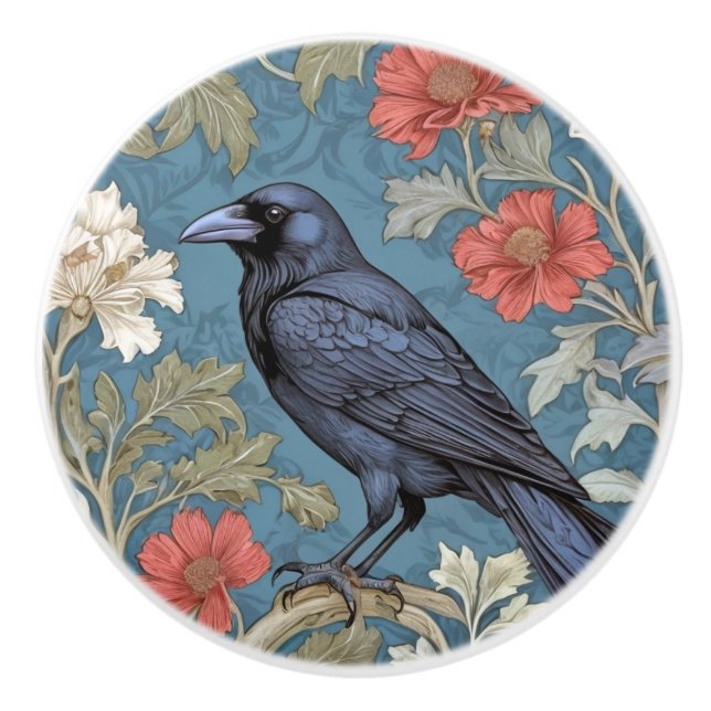 William Morris style Left facing Black Crow Bird  Ceramic Knob (Front)