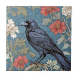 William Morris style Left facing Black Crow Bird  Ceramic Tile<br><div class="desc">"classy classic art nouveau",  "black carrion crow Bird",  "sage green woodland animals",  "william morris ceramic tile",  "leafy dark navy blue raven",  "stylish red forest tree leaves",  "left facing vintage birds",  "wildlife garden animal on branch",  "nature floral flower botanical",  "leaf flowers traditional antique"</div>