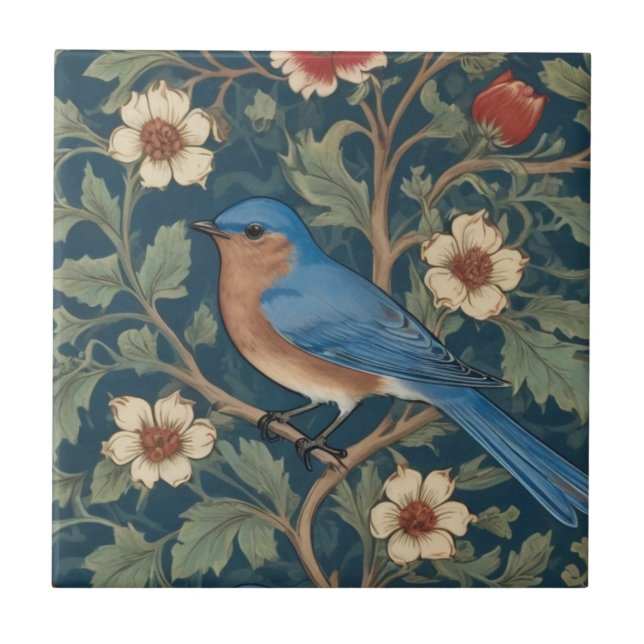 William Morris style Left facing Bluebird Bird Ceramic Tile (Front)