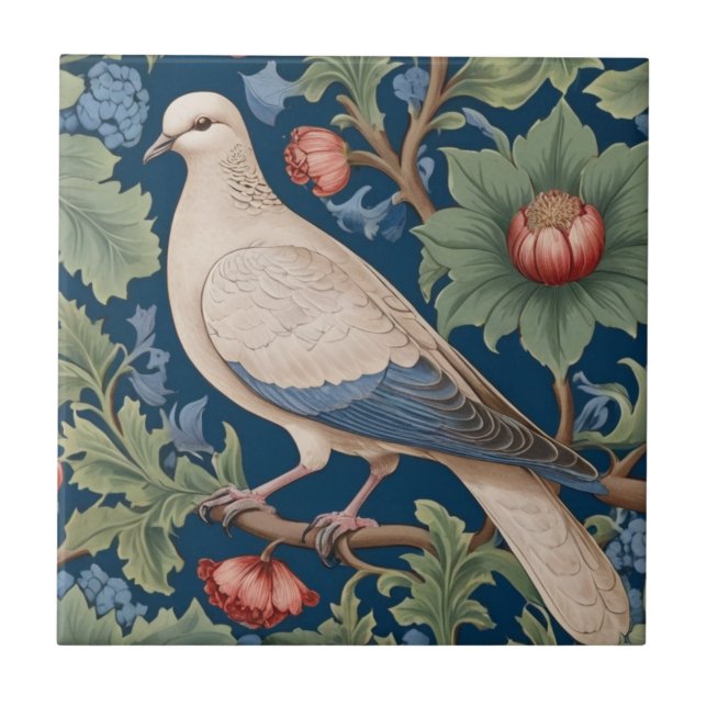 William Morris style Left facing Dove Bird Ceramic Tile (Front)