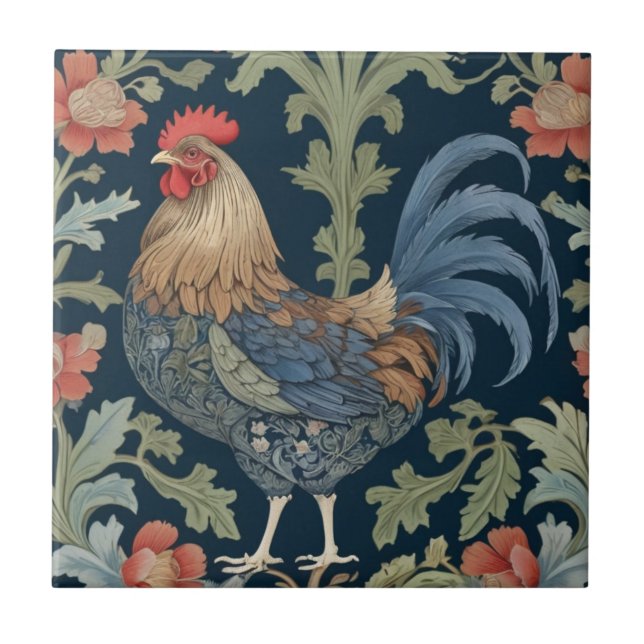 William Morris style Left facing Floral Chicken Ceramic Tile (Front)