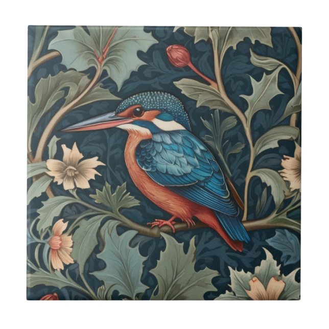 William Morris style Left facing Kingfisher Bird Ceramic Tile (Front)