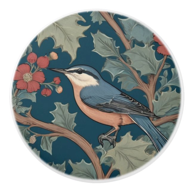 William Morris style Left Facing Nuthatch Bird Ceramic Knob (Front)