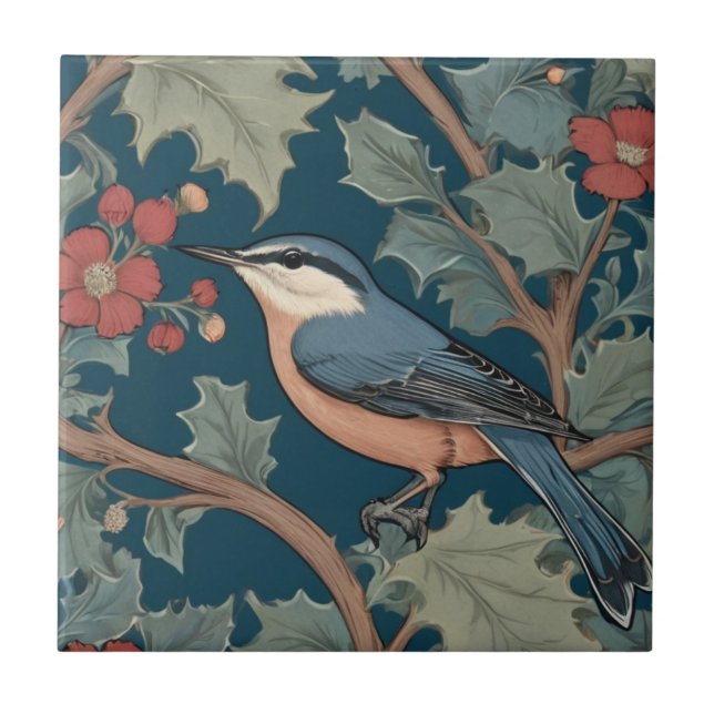 William Morris style Left Facing Nuthatch Bird Ceramic Tile (Front)