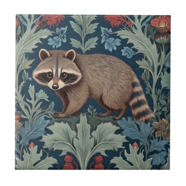 William Morris style Left Facing Raccoon Ceramic Tile (Front)