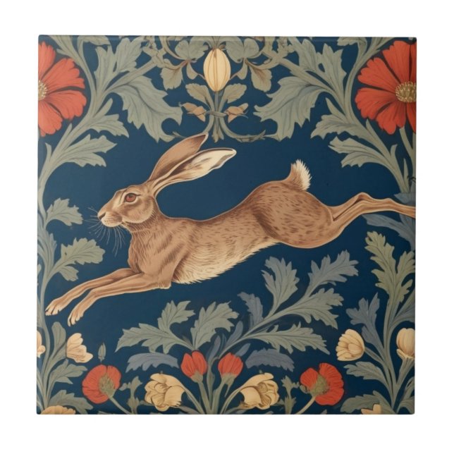 William Morris style Left Facing Running Hare Ceramic Tile (Front)