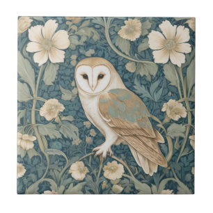 William Morris style Left Teal Cream Barn Owl Ceramic Tile