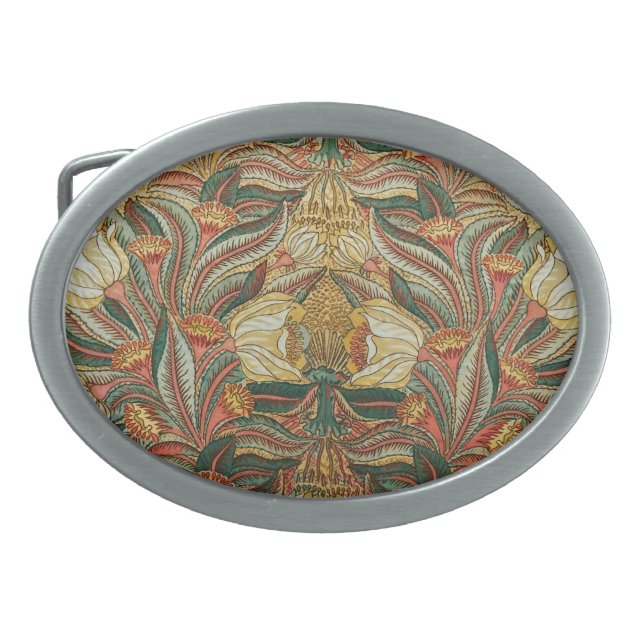 William Morris Style Pink Green Botanical Belt Buckle (Front)
