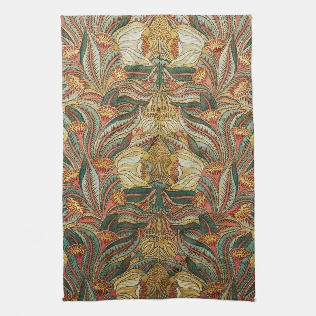 William Morris Style Pink Green Botanical Kitchen Towel (Vertical)