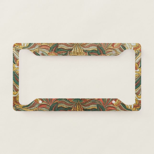 William Morris Style Pink Green Botanical License Plate Frame (Front)