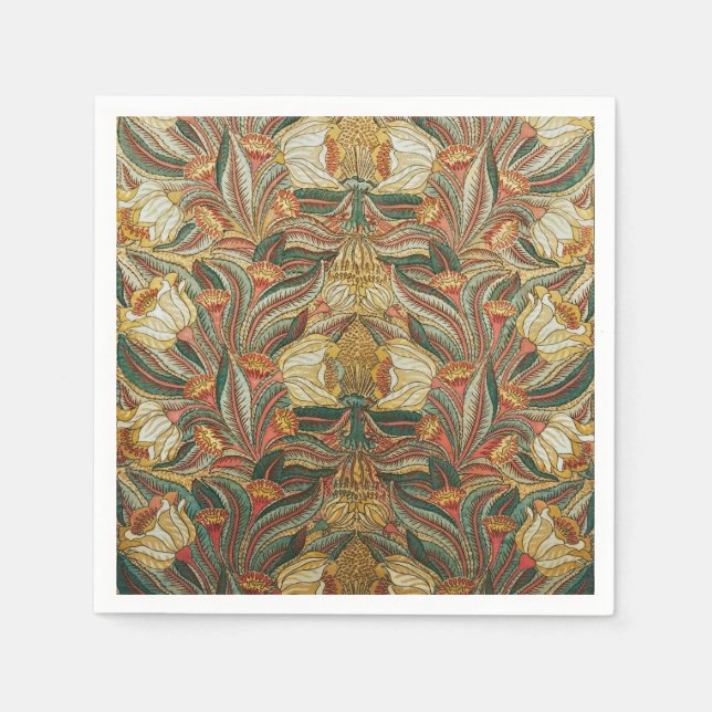 William Morris Style Pink Green Botanical Napkins (Front)