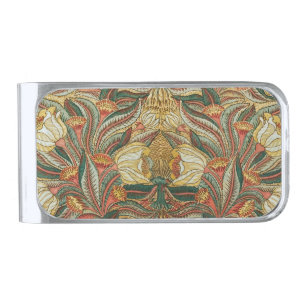 William Morris Style Pink Green Botanical Silver Finish Money Clip