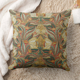 William Morris Style Pink Green Botanical Throw Pillow