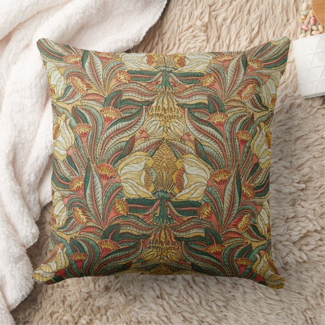 William Morris Style Pink Green Botanical Throw Pillow (Blanket)