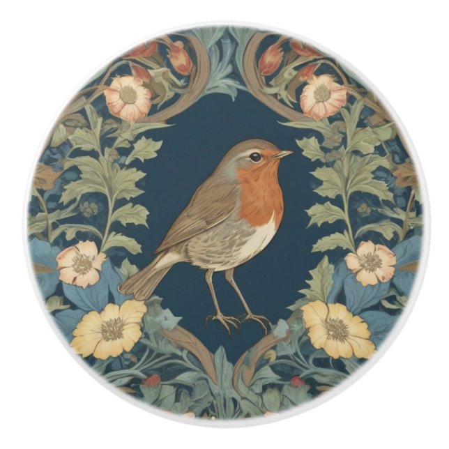 William Morris style R Robin Redbreast Bird Ceramic Knob (Front)