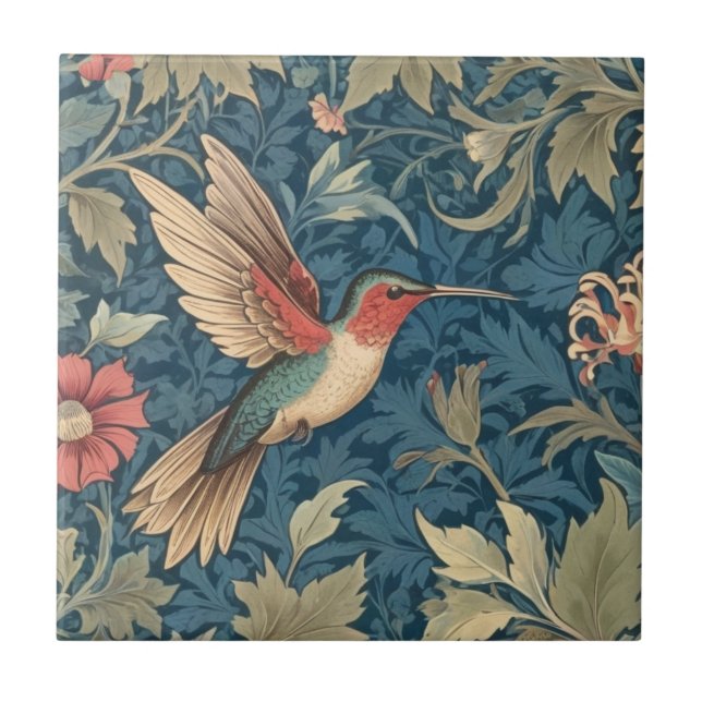 William Morris style R Ruby-throated hummingbird Ceramic Tile (Front)