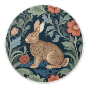 William Morris style Rabbit Left Facing Floral Ceramic Knob