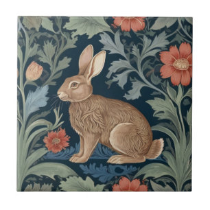 William Morris style Rabbit Left Facing Floral Ceramic Tile