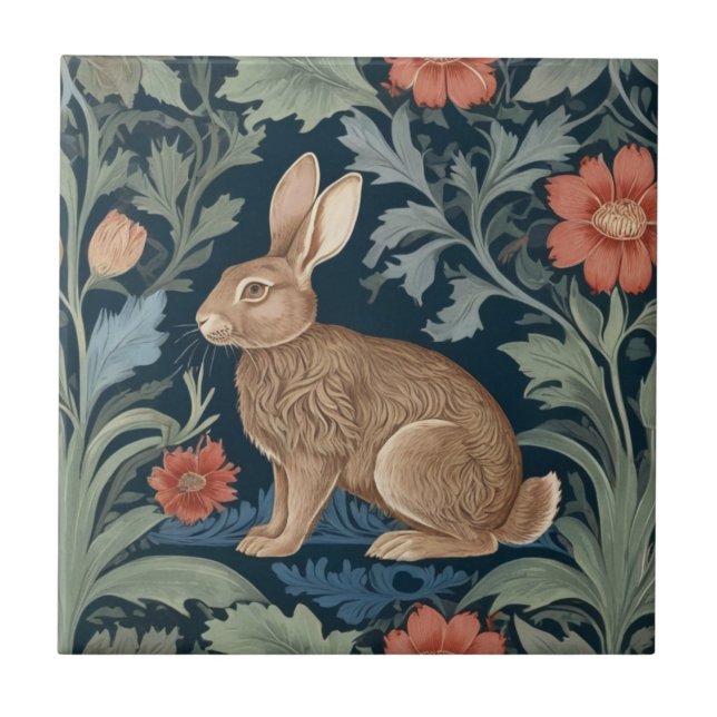 William Morris style Rabbit Left Facing Floral Ceramic Tile (Front)