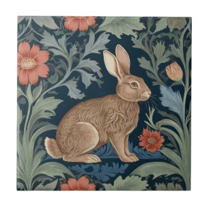 William Morris style Rabbit Right Facing Floral Ceramic Tile