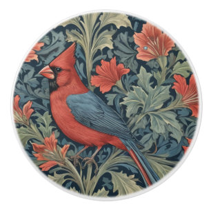 William Morris style Red Cardinal Bird L floral Ceramic Knob
