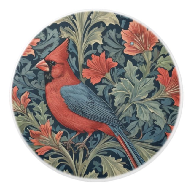 William Morris style Red Cardinal Bird L floral Ceramic Knob (Front)