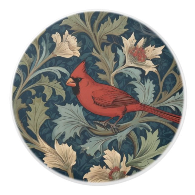 William Morris style Red Cardinal Bird left facing Ceramic Knob (Front)