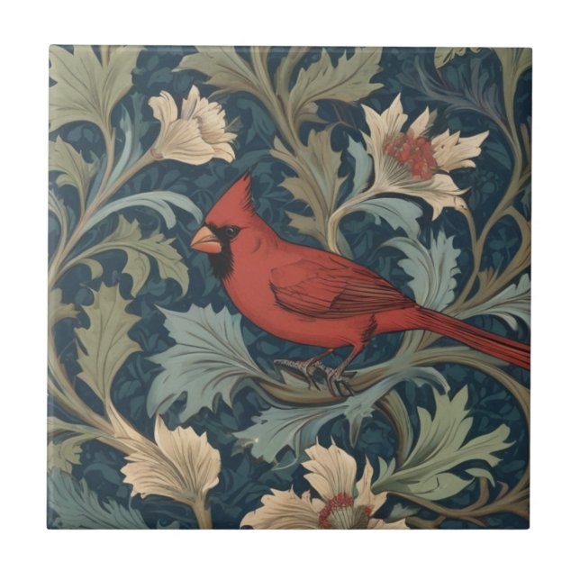 William Morris style Red Cardinal Bird left facing Ceramic Tile (Front)