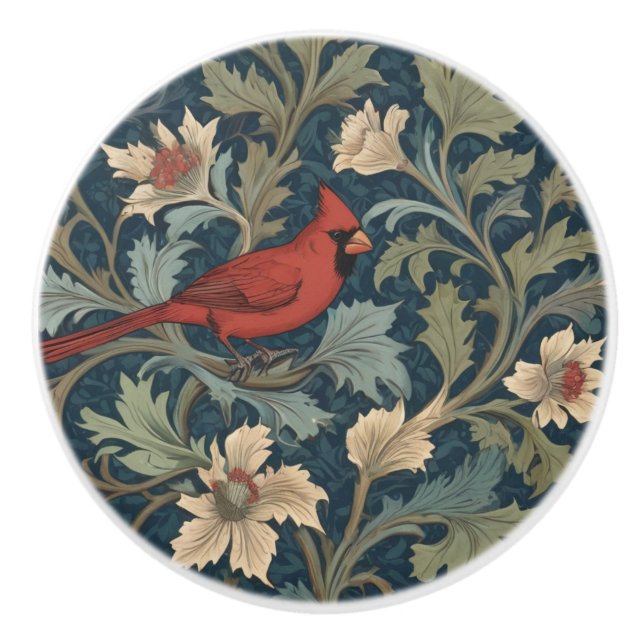 William Morris style Red Cardinal Bird right Ceramic Knob (Front)
