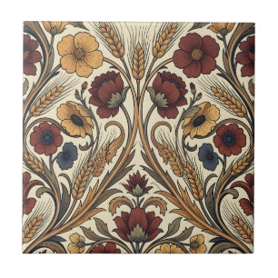 William Morris Style Red Gold Wheat Floral Pattern Ceramic Tile