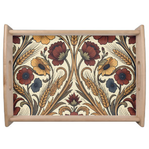 William Morris Style Red Gold Wheat Floral Pattern Serving Tray