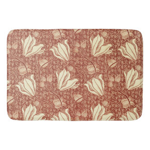 William Morris Style Red Lily Floral Pattern Bath Mat
