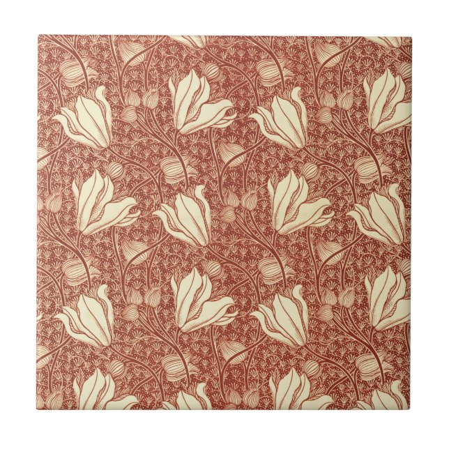 William Morris Style Red Lily Floral Pattern Ceramic Tile (Front)