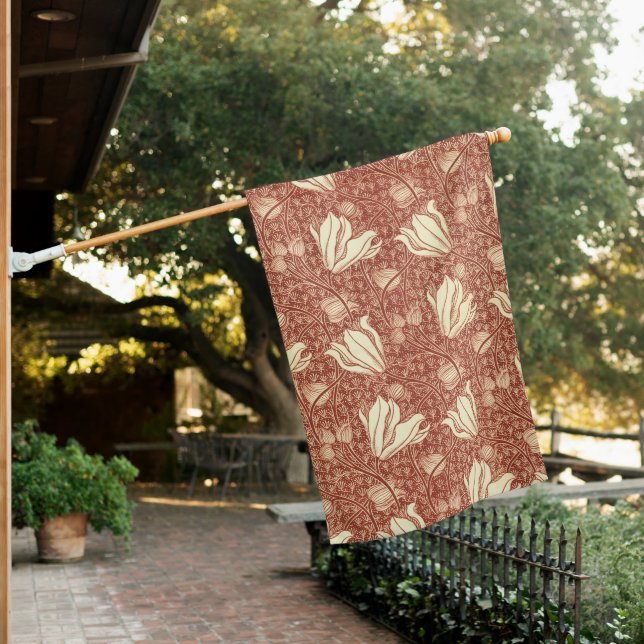 William Morris Style Red Lily Floral Pattern House Flag (In SItu)