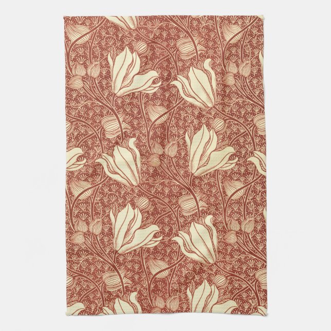 William Morris Style Red Lily Floral Pattern Kitchen Towel (Vertical)