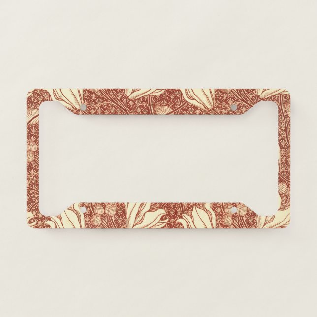William Morris Style Red Lily Floral Pattern License Plate Frame (Front)