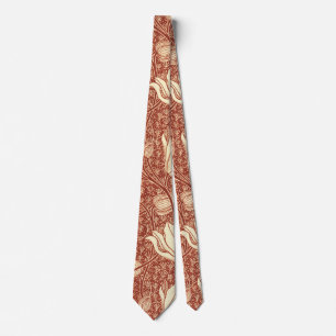 William Morris Style Red Lily Floral Pattern Neck Tie