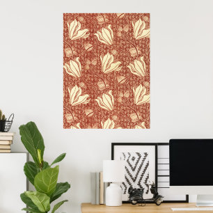 William Morris Style Red Lily Floral Pattern Poster