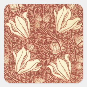 William Morris Style Red Lily Floral Pattern Square Sticker