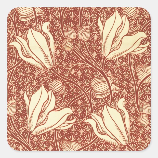 William Morris Style Red Lily Floral Pattern Square Sticker (Front)