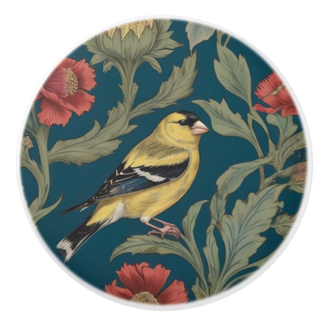 William Morris style Right American Goldfinch Bird Ceramic Knob (Front)