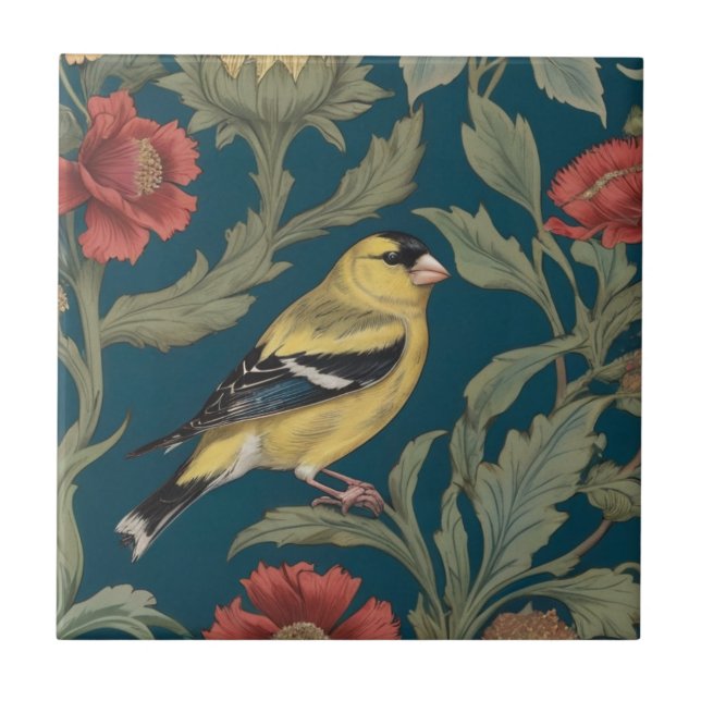 William Morris style Right American Goldfinch Bird Ceramic Tile (Front)